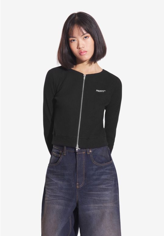 Zip Ribbed longsleeve unzipped women's black