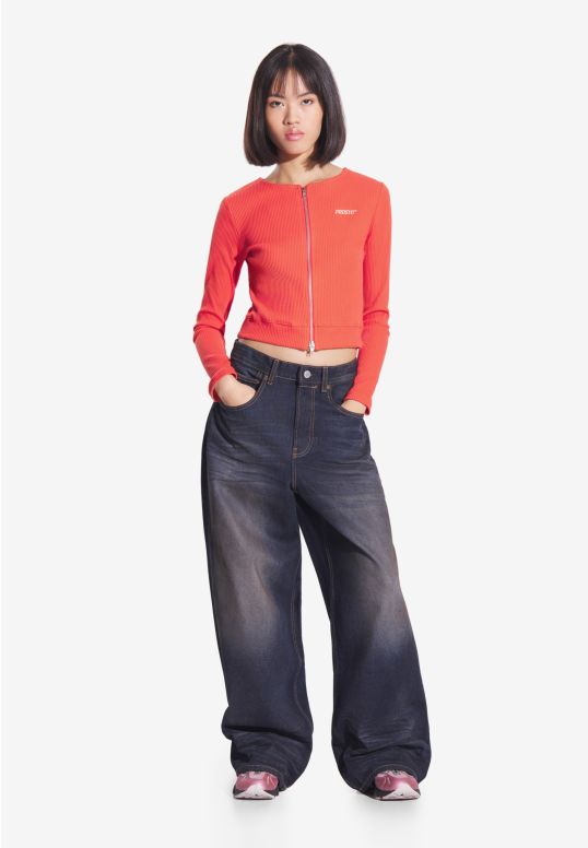 Zip Ribbed longsleeve unzipped women's red